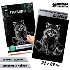 Гравюра на подложке «Енот» с металлическим эффектом «серебро» А4 Школа талантов