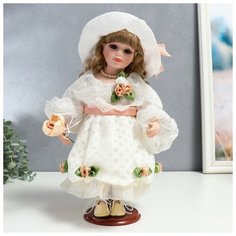 Кукла коллекционная керамика Шелли в белом платье, шляпе и с розой 30 см Китай