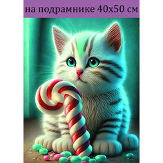 Алмазная живопись на подрамнике 40х50 Котик, Алмазная мозаика на подрамнике 50х40, алмазная вышивка набор с круглыми стразами, полная выкладка Стиль для Дома