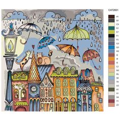 Картина по номерам, 80 x 80, TSKK-CAT2601, иллюстрация, котики, дома, зонтики, яркий, "Живопись по номерам", набор для раскрашивания, раскраска