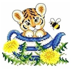 Набор для вышивания Сделано с любовью "Тигрёнок в чайнике" 18x18 см, Тигры Детские Животные