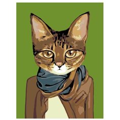 Картина по номерам, "Живопись по номерам", 45 x 60, A201, кот, пальто, зелёный фон, уши, шарф, рисунок