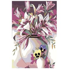 Картина по номерам, "Живопись по номерам", 100 x 150, F08, букет, цветы, ваза, анютины глазки, натюрморт, лилии, орхидеи