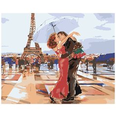 Картина по номерам, "Живопись по номерам", 48 x 60, ARTH-AH41, влюбленные, поцелуй, Париж, романтика, цветы, зонт, дождь, осень, танец, Эйфелева башня
