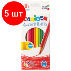 Комплект 5 шт, Карандаши цветные CARIOCA, 12 цветов, грифель 3 мм, шестигранные, заточенные, европодвес, 40380