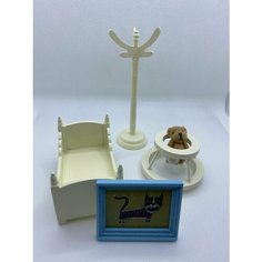 Кукольная мебель набор 5 в 1 (Детская кроватка, ходунки, картинка, мишка, вешалка) для кукольного домика. Нет бренда