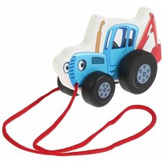 Игрушка деревянная Каталка Синий трактор с веревочкой, 13 см Буратино