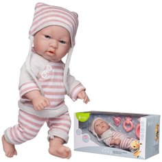 Пупс Junfa Pure Baby в вязаных бело-розовых полосатых кофточке, штанишках и шапочке, с аксессуарами, 30см WJ-22513
