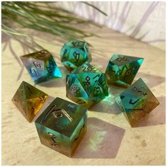 Дайсы ручной работы (игральные кости, кубики) для DnD, ДнД, Dungeons and Dragons, Pathfinder RPG (набор 7шт) Rusty Emerald Fantasy Minis