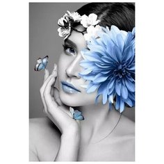 Алмазная мозаика 40x50 см. на холсте с подрамником (картина стразами, алмазная вышивка) Девушка с голубым цветком 40x50 см. Boom Boom Shop