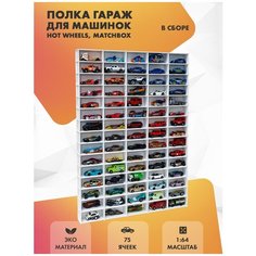 Полка для машинок Hot Wheels 75 ячеек для 1:64. Белая, в сборе Fs Masters