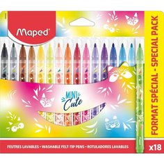Фломастеры MAPED MINI CUTE с заблокированным пишущим узлом, декорированные, средний пишущий узел, смываемые, в картонном футляре, 18 цветов