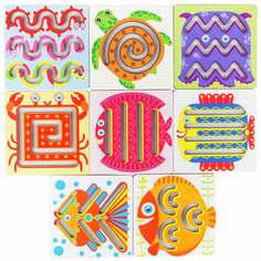 Деревянные трафареты "Морские жители", развивающая игра-тренажер для подготовки рук к письму, набор из 8 линеек для рисования Woodland