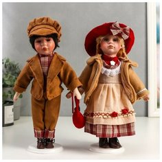 Кукла коллекционная парочка набор 2 шт "Оля и Саша в бежево-терракотовых нарядах" 30 см Нет бренда