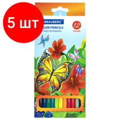 Комплект 5 шт, Карандаши цветные BRAUBERG "Wonderful butterfly", 12 цветов, заточенные, картонная упаковка с блестками, 180535