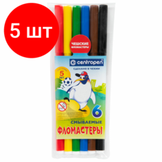 Комплект 5 шт, Фломастеры 6 цветов CENTROPEN "Пингвины", смываемые, вентилируемый колпачок, 7790/6ET, 7 7790 0686