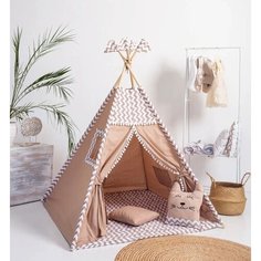 Детский Вигвам с ковриком, окошком, подушка-игрушка, подушка , флажки - 4 шт. и системой антискладывания Tipi Brown Baby Lin