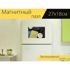 Магнитный пазл "Бинокль, завтрак, кофеин" на холодильник 27 x 18 см. Lots Prints