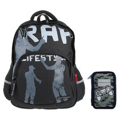 Рюкзак школьный Bruno Visconti "RAP-моя жизнь", 40 х 30 х 19 см, эргономичная спинка, пенал в подарок, чёрный