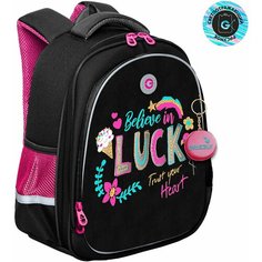 Ранец GRIZZLY анатомическая спинка, c брелоком, для девочек, "LUCK"