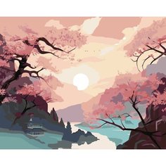 Картина по номерам ЖПН "Цветущая сакура в горах", Раскраска 40x50 см, Сакура