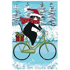 Картина по номерам, "Живопись по номерам", 60 x 90, A460, чёрный кот, шарф, подарки, Новый год, Рождество, снег, зима, деревья