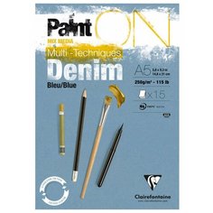 Скетчбук - альбом для смешанных техник 15 листов, А5, на склейке PaintON Denim Blue, 250 г/м2, Clairefontaine