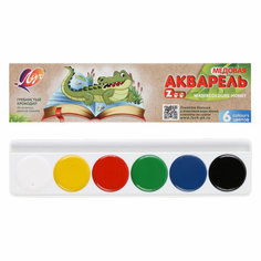 Акварель 6 цветов, медовая, без кисточки, пластиковая коробка в картонном чехле Луч Zoo