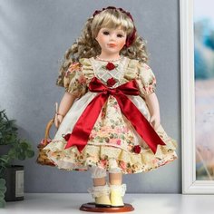 Кукла коллекционная керамика Алла в платье с цветами, и бордовым бантом, с корзиной 40 см Denco Store