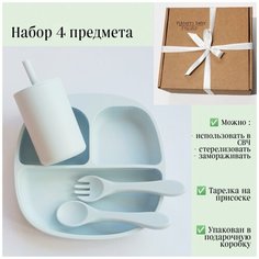 Секционная тарелка силиконовая, приборы, стакан с трубочкой Viktorri baby набор 4 предмета