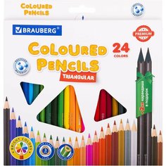 Карандаши цветные пластиковые BRAUBERG PREMIUM, 24 цвета, трехгранные, грифель мягкий 3 мм, 2 шт.
