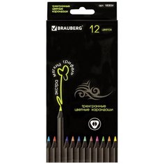 Карандаши цветные BRAUBERG "Black Jack" 12 цв. трехгранные черное дерево заточенные картонная упаковка, 3 шт