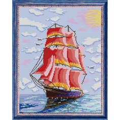 Алмазная мозаика "Алые паруса" на подрамнике, 40х50 см, корабль/море Flamingo