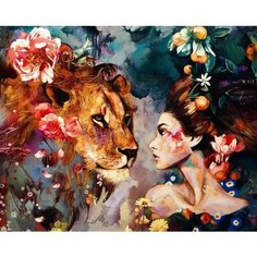 Алмазная мозаика на подрамнике 40х50 Девушка и тигр в цветах Kolibriki