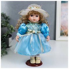 Кукла коллекционная керамика "Наташа в нежно-голубом платье в шляпке" 30 см NO Name