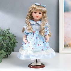 --- Кукла коллекционная керамика "Тося в голубом платье с цветочками, с бантом в волосах" 30 см 758617