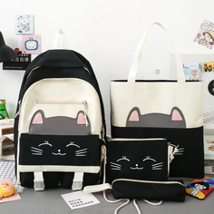 Рюкзак школьный для девочки кошки черный/ Комплект 4в1, портфель, рюкзак, сумка шопер, сумка для сменной обуви, пенал Ondreeff