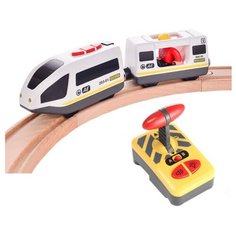 Электропоезд для деревянной железной дороги с пультом управления, поезд на батарейках с вагонами Mama Za Toy