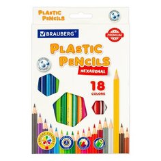 Карандаши цветные BRAUBERG PREMIUM 18 цветов пластиковые шестигранные грифель мягкий 3 мм, 8 шт