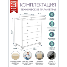 Комод пеленальный детский COZY 4 ящика / пеленальный столик 60х70, слоновая кость INCANTO-RUS