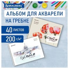 Альбом для акварели А4 40 л, бумага 200 г/м2, гребень, обложка картон, BRAUBERG, "Рисунок" (2 вида), 106713 - 6 шт.