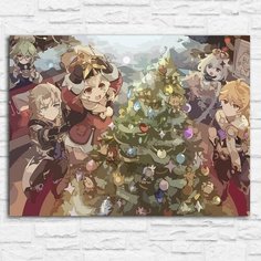 Картина по номерам на холсте новый год рождеством (геншин импакт, кли, паймон, альбедо, сахароза) - 12737 40х30 Бруталити