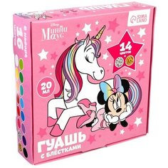Гуашь 14 цветов + 2 цвета с блёстками по 20 мл Единорог, Минни Маус Disney