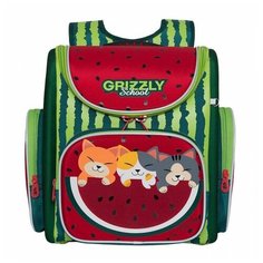 Ранец школьный Grizzly RAr-080-8 раскладной, для девочек, принт Арбуз с котятами