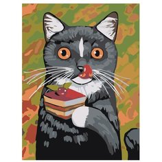 Картина по номерам, "Живопись по номерам", 75 x 100, A131, серый, кот, торт, пирожное, ягода