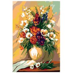 Картина по номерам, "Живопись по номерам", 100 x 150, F54, цветы, натюрморт, мак, ромашки, орхидея, букет, драпировка