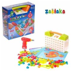 Конструктор винтовая мозаика ZABIAKA "Пуговки шестеренки", 3 в 1, с шуруповёртом, 147 деталей