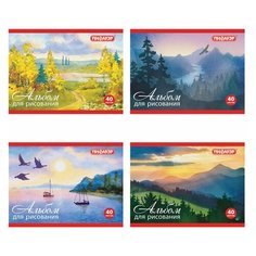 Альбом для рисования, малый формат А5, 40 л, скоба, обложка офсет, пифагор, 200х148 мм, "Природа" (4 вида), 104873