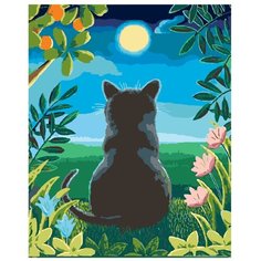 Картина по номерам, "Живопись по номерам", 72 x 90, A322, чёрный, кот, ночь, луна, цветы, трава, природа, поп-арт