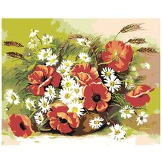 Картина по номерам, "Живопись по номерам", 72 x 90, F09, маки, ромашки, букет, полевые цветы, природа, корзинка, трава